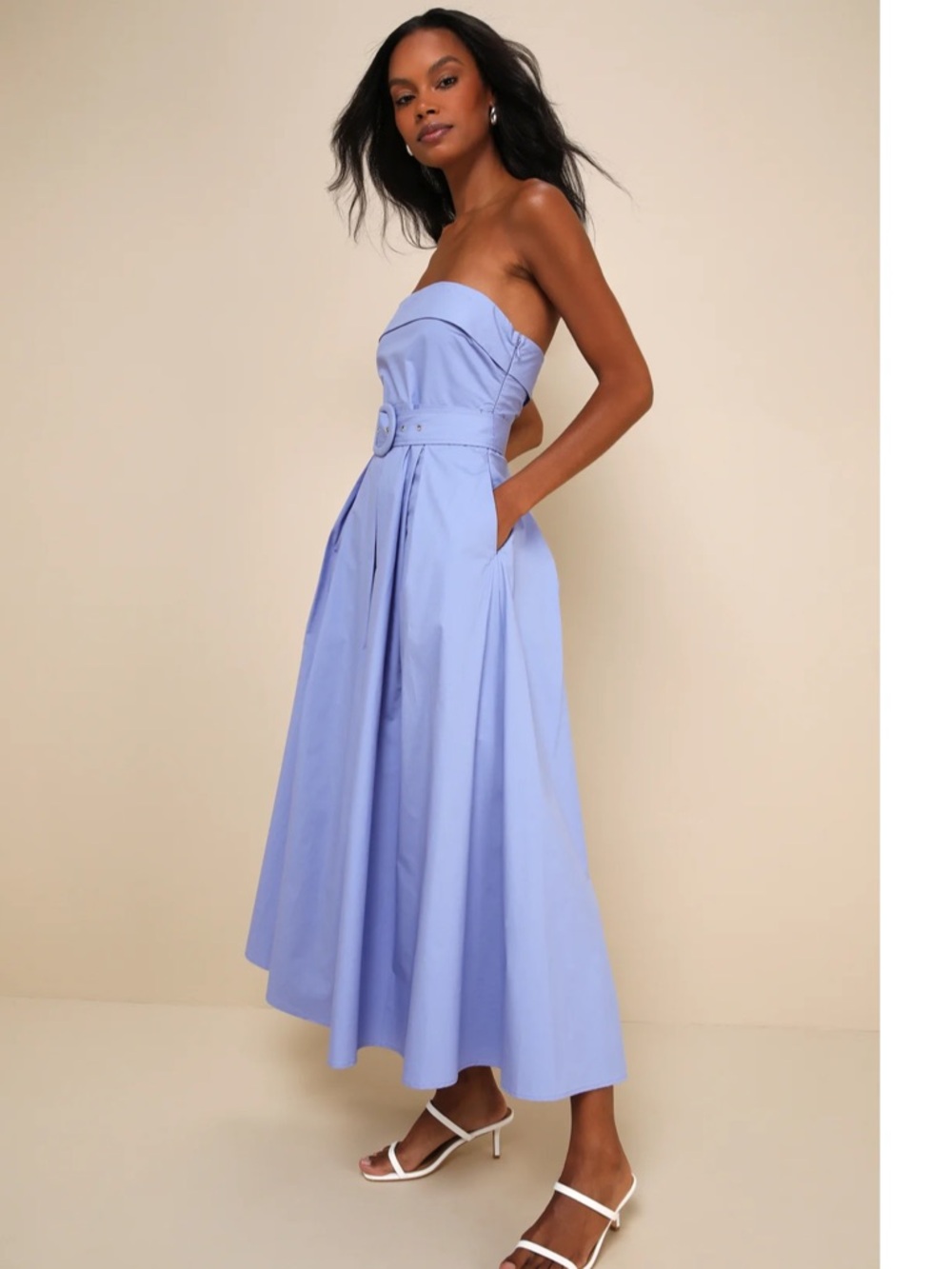Lulus Trendsetting Choice Periwinkle Blue Strapless Pockets Midi Dress NWT Med - Picture 3 of 14